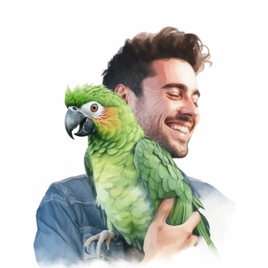 Adorable pet Amazon Parrot having happy moment with it's human owner, water color style, clipart, white background