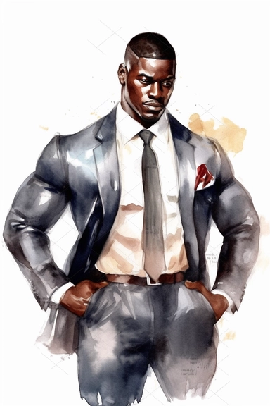 Watercolor Clipart Athletic MUSCLE Man in Suit Businessman Handsome Black Skin No Text