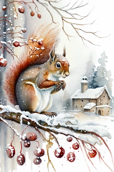 Christmas snowy Scene with country village and Squirrel on snow red berry branch, watercolor clipart