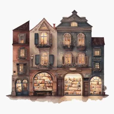 A watercolor clipart image of an old bookstore with intricate details in various angles, night-time lighting, enchanting lighting, various styles of buildings and european cultures,neutral and muted tones, delicate subtle colors