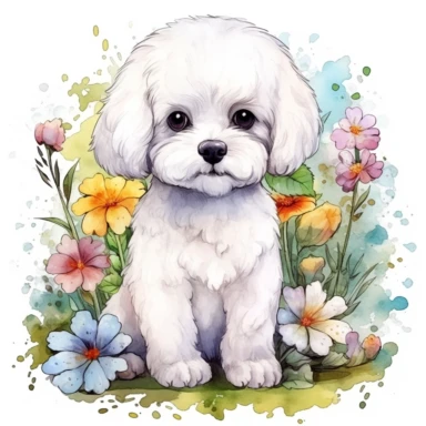 An intricately detailed watercolor clipart illustration displaying an ultra-realistic [specific design idea, like Adorable cute beby Bichon Frise sits, grass and flowers on the back of the puppy  ], isolated on a white background, in the style of ultra-detailed watercolor clipart illustrations, HDR watercolor clipart illustrations, 32K watercolor clipart illustrations, hyperrealistic watercolor clipart illustrations, ultra-intricate watercolor clipart illustrations, high-resolution watercolor cl