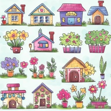 Draw a watercolor-style clip art images that feature objects related to an aesthetic adorned with floral designs. The images should have aesthetic, and should incorporate elements such as big houses and small houses, clipart style, vector, logo, cute, golden, purple, teal, pink, lite blue, picture book style, children's lesson book, captivating, kid friendly cute character, black and white, coloring book style, cartoon style, vector image, simple, line art style, character, white background ipat