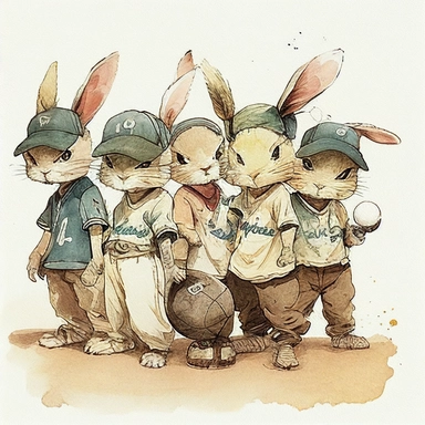 fantastic watercolor in the style of Jean-Baptiste Monge and skottie young and Akihiko Yoshida of 9 bunnies as baseball players in matching uniforms in vintage team portrait, happy, extremely exaggerated character features, muted colors, cameo clipart, splotchy background