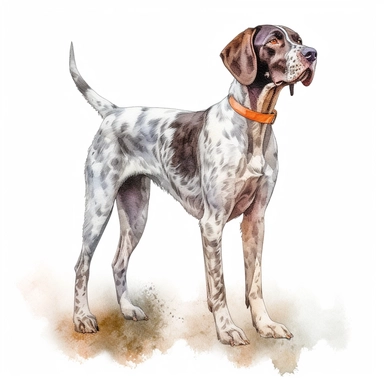 pointer dog watercolour painting standing realistic yet stylized, digitally enhanced, clipart, 32k uhd, detailed crosshatching white background