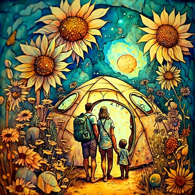 (perfect body figure) of a cute loving American family of 4, camping in a magical SUNFLOWER GARDEN under starry night (a perfect close-up single-point-perspective view from the back) with its own habitats (flowers and plants) made into a natural-heart-sha