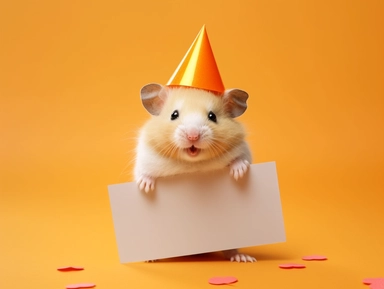 clipart of a happy cute hamster with a party hat holding up a blank whiteboard on a light orange color background with birthday theme, vibrant, eye-catching, playfulness and fun