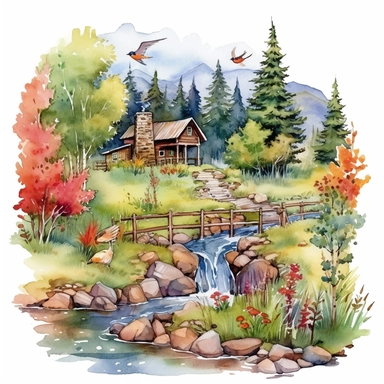 watercolor clipart painting of a Colorado mountain landscape, with evergreen pine trees, pinecones and sage green trees, with some yellow aspen trees and white birch trees, log cabin in the wood with smoke coming out of the chimney. there is a little bridge over the blue and green stream with rocks and lily pads in the babbling brook, a red cardinal and some hummingbirds, butterfly and dragonfly, a dusk sky with a moon and a few stars, hd, magical and whimsical illustration with a little gold gl