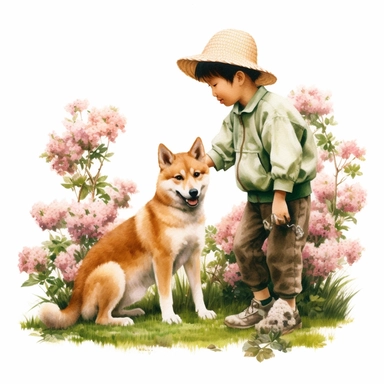 Shiba Inu and beauty boy playing in a spring garden realistic Clipart on white background