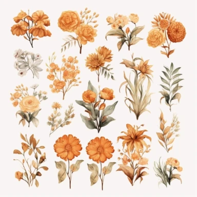 Terracotta Floral Watercolor Clipart Pack, an elaborate collection of meticulously detailed, autumn-inspired floral and foliage illustrations, rendered in a distinctive watercolor style for commercial use. This set brings forward a vibrant and detailed assortment of orange and brown neutral florals, complemented by an array of lush green leaves, echoing the warm and earthy tones of terracotta. These transparent PNGs are perfect for refined design projects, from wedding invitations to stationery 
