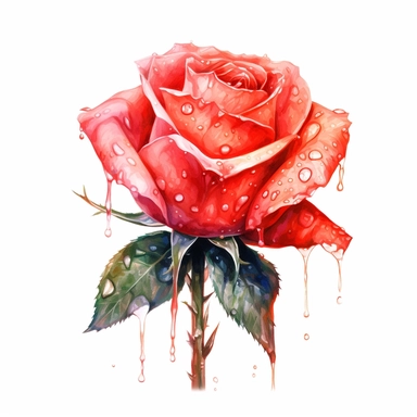 Realistic vibrant watercolour illustration, single red rose bud with high detail droplet, high detail, clear edges, clipart isolated on pure white background