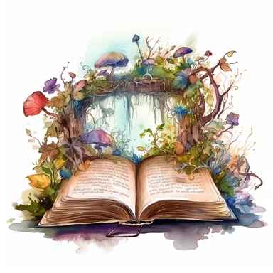 an ancient open watercolor clipart book with a fantasy scene rising from the pages, wreathed in wispy old looking vines, plants, and mushrooms