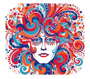 Create a bold and eye-catching clip art that showcases Freedom in patriotic colors, emphasizing the spirit of independence and liberty, white background, in the style of psychedelic