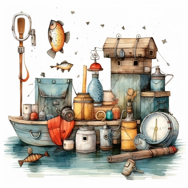 whimsical watercolour cute clip art fishing equipment
