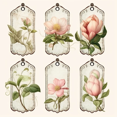 victorian number tags, clipart, isolated, with boquet of magnolia flower and delicate vines