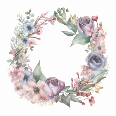 watercolor beautiful wreath on white background, in the style of muted and subtle tones, intricate floral arrangements, uhd image, subtle realism, asymmetrical framing, fawncore, wedding clipart, floral accents, no background