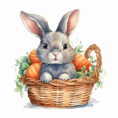 clipart, baby bunny in a basket full of carrots, watercolor, vector, isolated white background, 16k