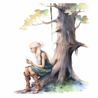 watercolor clipart elf woman with pointy ears with another man elf watching each other surronded by wood roots and nature