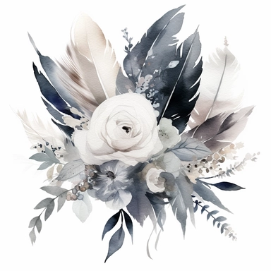 Watercolor dusty greay and white feathers bouquet clipart white background no text wedding style eligible for transparent background
