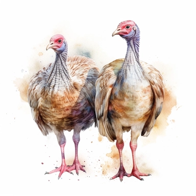 watercolor of two turkeys, clip art, on a white background