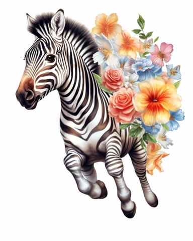 detailed watercolor Baby Zebra jumping on flowers , hyper realistic, isolated on a white background, clipart