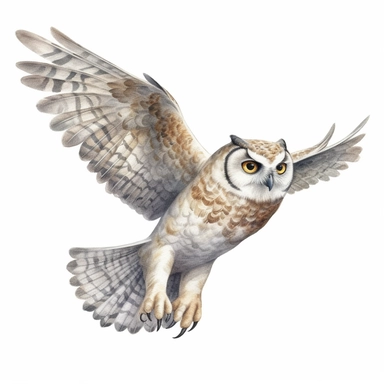 A Cute Owl Flying. Watercolor hyper-realistic detailed animal illustrations, elegant brush strokes techniques, delicate markings, monochromatic paintings, free brushwork, watercolor illustrations, painted illustrations Clipart, White Background