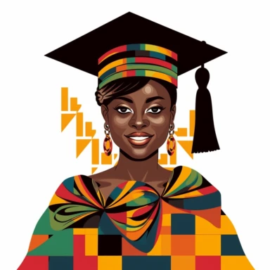A celebratory clipart design featuring a Black queen with a graduation cap and a vibrant Ghana Kente stole. The queen is depicted with a radiant smile, wearing a graduation cap adorned with a tassel. The Kente stole showcases the rich colors and intricate patterns of Ghanaian culture, symbolizing heritage and accomplishment. This design celebrates the achievements of Black individuals and their cultural identity.