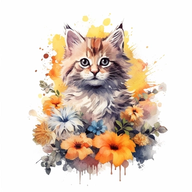 Beautiful colorful full body kitten on flowers, summer vibes, hand drawing digital art, clean design, sublimation, colorful, watercolor style, white background, 4K, extremely detailed, clipart