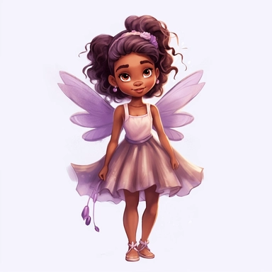 cute brown skin fairy girl clipart watercolor purple dress [turnabout] front view, looking at camera cw, 8k, hd v5 line drawing