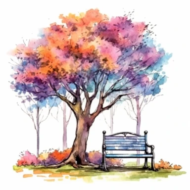 clipart, isolated on white background, Watercolor Spring beautiful ornated metal bench under the tree, flowers and grass and plants, ornated, vivid and vibrant and saturated colors