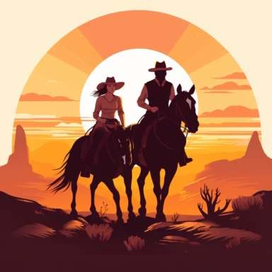 white backround, clipart, Cowboy and cowgirl riding into the sunset on horseback.