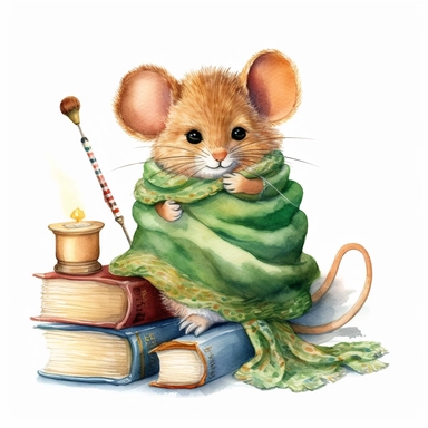 watercolor clipart, cute little brown mouse wearing glasses and a green scarf, sitting on the top of a sewing thread spool reading a book, soft golden glow, isolated and centered on a white background, detailed 8K