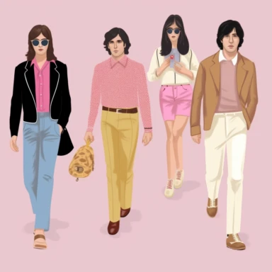 a set of clipart inspired by the story of a fledging American rock band at a Swiss boarding school as conceived by Wes Anderson, rich kids at an exclusive school playing rock music, The Royal Tennanbaums, preppy rock aesthetic