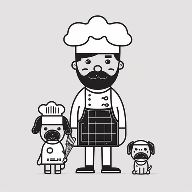 chef dog, dog dad, cute, clipart, flat 2d vector, minimalist, black and white, kids cartoon, svg cut file, line art drawing
