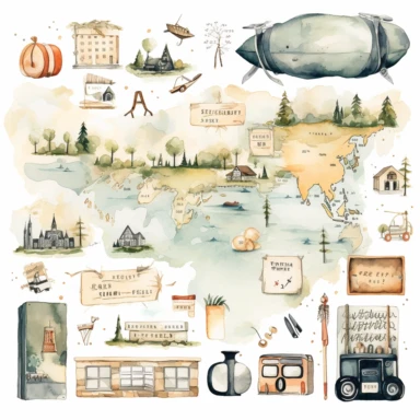 watercolour, travel theme, map, journal, soft and muted nuances, high quality detail, clipart, 8k, f1