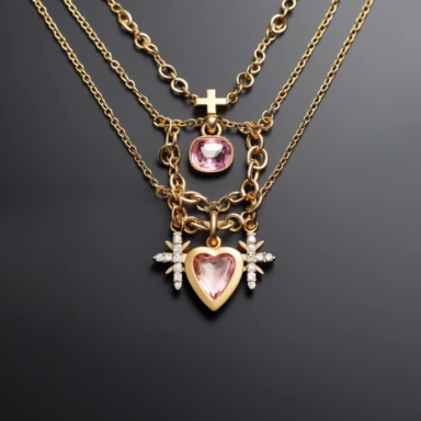 three-layer necklace with yellow gold paper clip chain, color gemstone mini cross charm embellishments around, with pink diamond heart shaped center pendant, ballerina core fused with norm core