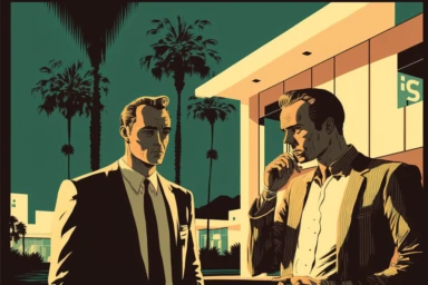letraset clipart of handsome 40 year old men talking near a vintage, athletic man in palm springs at night, 1960's, happy, friendly, curiousity, washingtonia palms, mid century modern building, dramatic lighting, low camera angle, pool