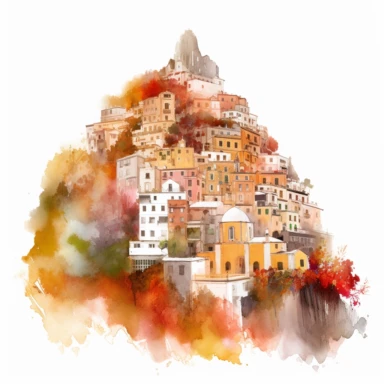 Watercolor Autumn houses in a street in Positano Italy Clipart water color cinematic impressionism transparent background abstract high quality
