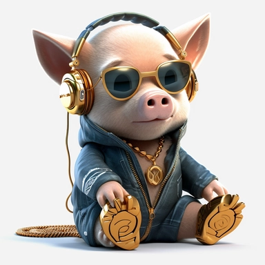 ticker, clipart, anime, cartoon, ghibli, cute pig cub with sun glasses and headphones, dressed with jeans and hoodie, golden chains, computer, headphones, 3D, disney pixar style, puppy eyes, looking at athe camera, white background ,high definition, high resolution, highly detailed, 16K