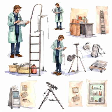 watercolor doctor related scenes , illustrations clipart set, simple, , cartoon elements ,different variants , nurse, doctor, stethtescope, mechanical body weighing scale, microscope, ,separate elements with a margin