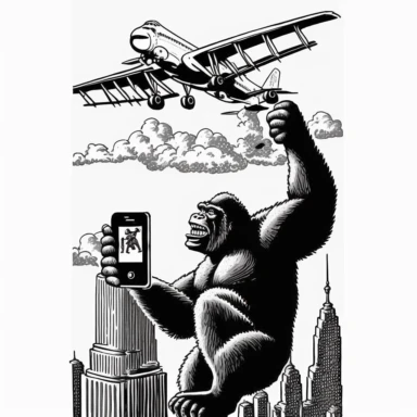 retro cartoon comic of king kong on the top of the empire state building taking a selfie with an iphone, vintage small planes flying around, black and white vintage art clipart illustration, white background,
