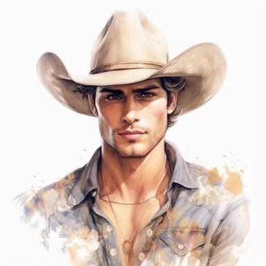 beautiful stunning handsome vintage cowboy man, tarot style, paint art style, clipart, white background, superrealistic, one of a kind