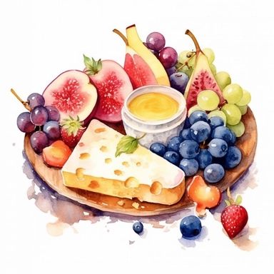 watercolor fresh fruit , cheese, summery charcuterie board, clip art , hd, white background, spaced out, details--ar 3:2