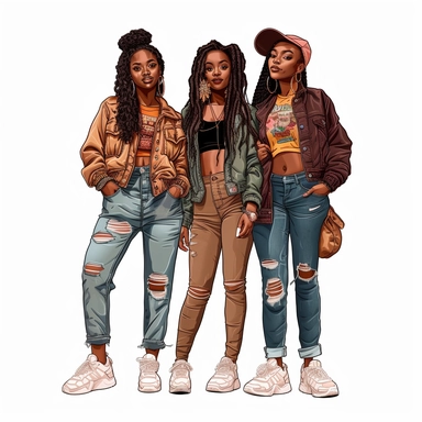 full body, 3 full-figure African-American women in streetwear, clipart style, whiote background, highly detailed, very attractive, glamourous, make up beautiful, gorgeous, glowing, happy smiling