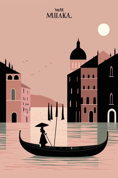 <https://s.mj.run/MY6OlCvQScU> Mary Blair style, minimalistic nordic style single clipart, single black Venice gondola, minimalistic pastel pink color palette,