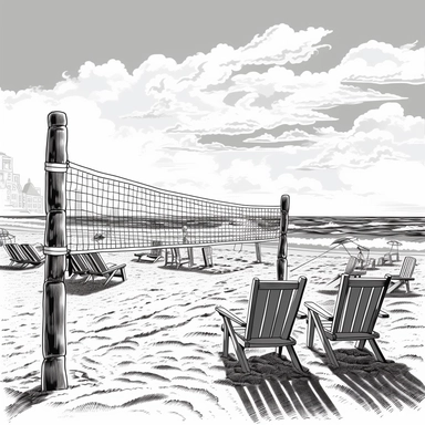 black and white Clipart of sandy beach with lots of beach chairs and a volleyball net set up in background. - - black and white only - - laser engravable - - 16:9