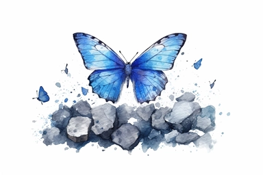 Watercolor, Generate an image of a Marine Blue butterfly perched on a seaside rock, capturing its coastal habitat, clipart, hd, on a white background, spaced out