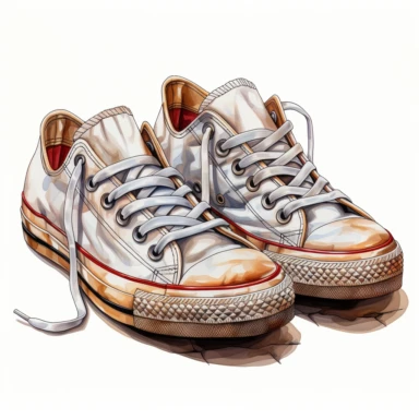white shoes , low top , very dirty , old, converse style ,hand drawn , low top , hand paniter color white, watercolor, hyper realistic, white background, white margins, 16k, ultra detailed clipart, cut out image, hand-drawn, ultra HD, sharp and clean art a vintage sneakers 1940 -1950 era ,
