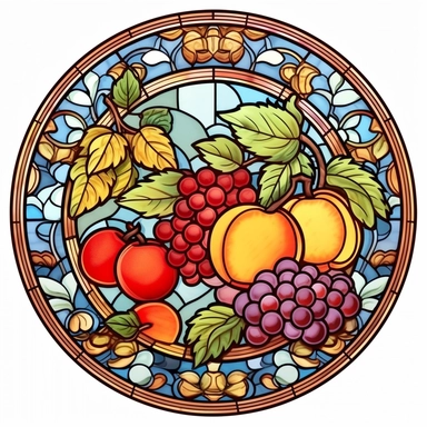 Vintage Cute Beautiful Round Stained Glass fruit Sublimation Clipart, Cartoon, hyper realistic, intricate detail, illustration style, high solution, on the white background