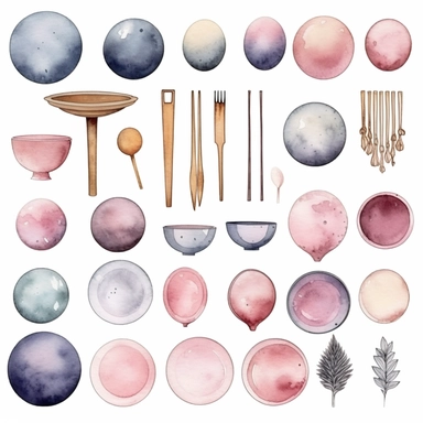 Watercolor 반찬, illustrations clipart set, simple, soft colors, cartoon elements, different variants,, porcelain elements, chopsticks , separate elements with a margin