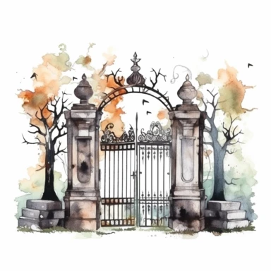 spooky cemetery iron gate, watercolor png clipart on a white background